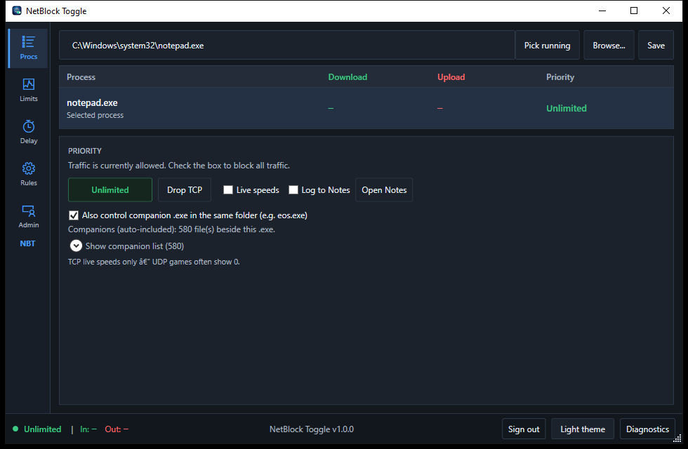 Processes screen: pick a running app, set its priority, and block or allow its traffic