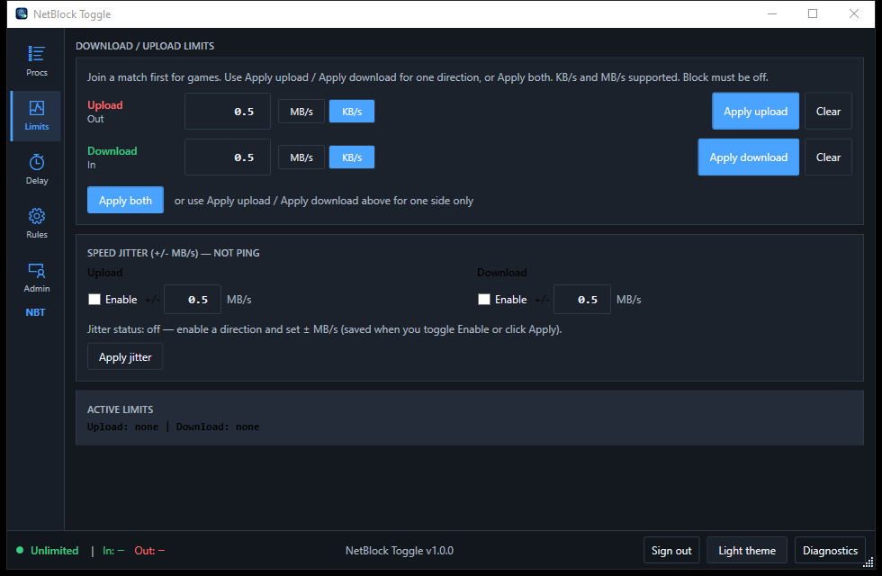 NetBlock Toggle Limits screen: upload and download bandwidth controls