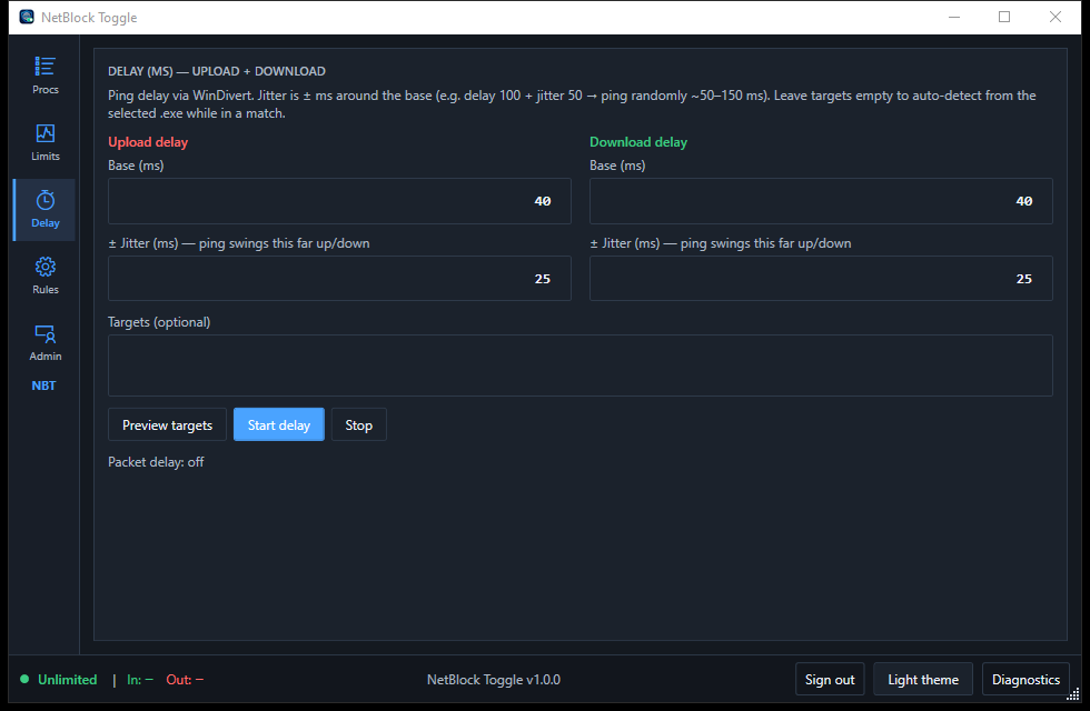 NetBlock Toggle Delay screen: base delay and jitter settings