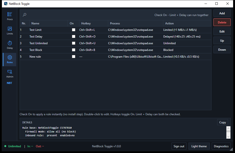 NetBlock Toggle Rules screen: per-process limit, delay, block, and hotkeys